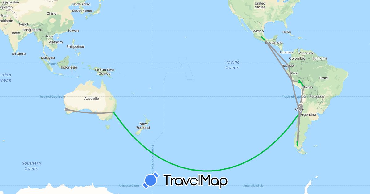 TravelMap itinerary: driving, bus, plane in Argentina, Australia, Bolivia, Chile, Ecuador, Mexico, Peru (North America, Oceania, South America)